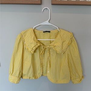 ZARA cotton yellow and white striped dainty crop collar button up size XL